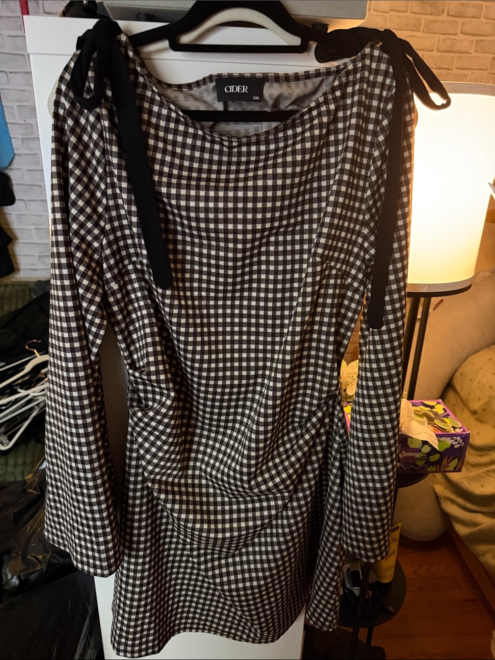 Cider Black & White Gingham Tie-Shoulder Dress with Black Straps